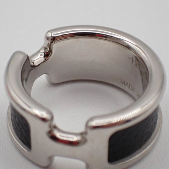HERMES Olympe Ring XS Palladium Plated Calf Skin Leather Black Silver - Picture 7 of 10